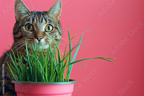 Cat with potted grass 'Cyperus Zumula' used for cats to help them throw up hair balls on pink studio background photo