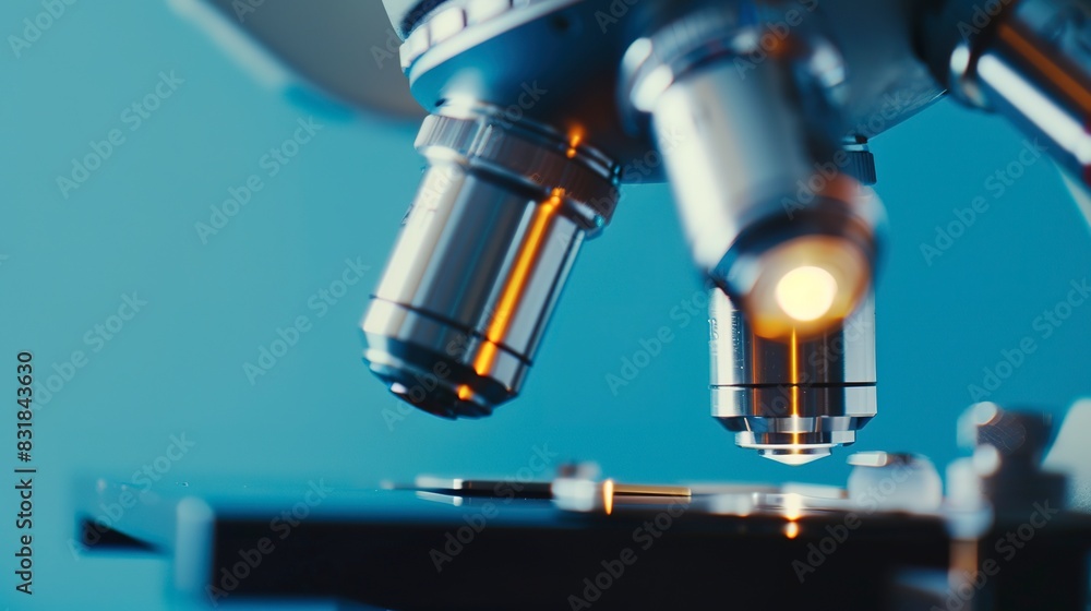Microscope in a pharmaceutical lab, close-up on the lens, detailed, ambient cool lighting Microscope in a pharmaceutical lab, close-up on the lens, detailed, ambient cool lighting