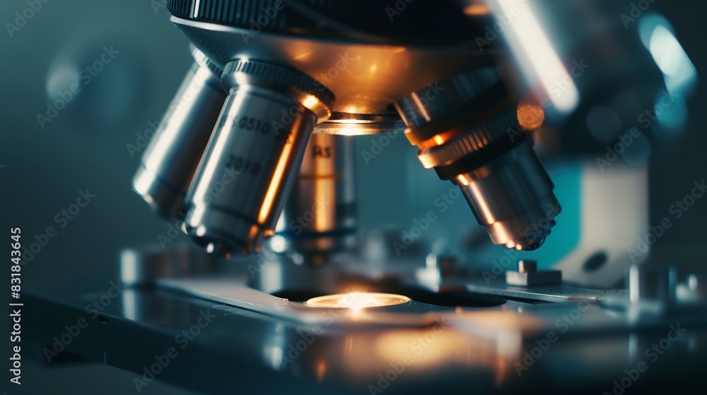 Microscope in a pharmaceutical lab, close-up on the lens, detailed, ambient cool lighting Microscope in a pharmaceutical lab, close-up on the lens, detailed, ambient cool lighting