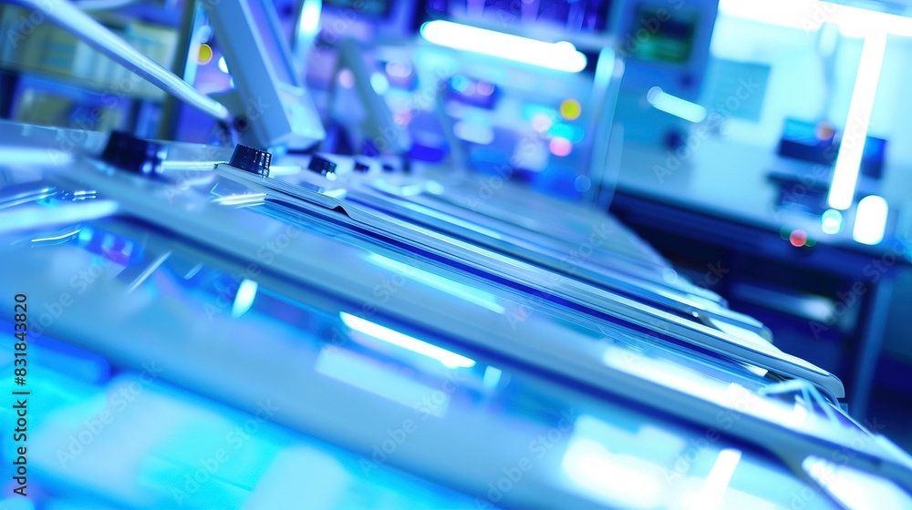 Electronic monitoring of pharma production, close-up of screens, soft blue backlight Electronic monitoring of pharma production, close-up of screens, soft blue backlight