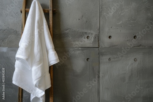 White towels in a vintage bathroom on a gray background. © ffunn