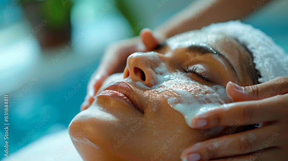 A close-up shot of a person receiving a soothing spa treatment, with a focus on the gentle hands of a therapist applying skincare products, illustrating the idea of relaxation and A close-up shot of a person receiving a soothing spa treatment, with a focus on the gentle hands of a therapist applying skincare products, illustrating the idea of relaxation and
