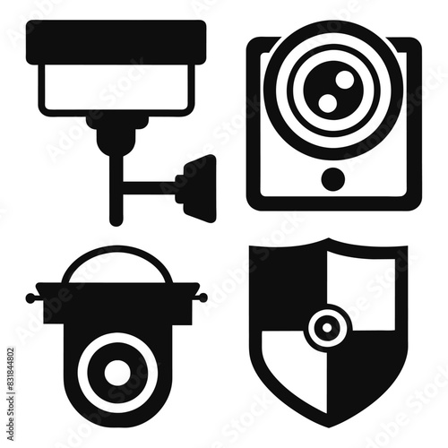 Set of Solid black outline security camera icon, CCTV vector design photo