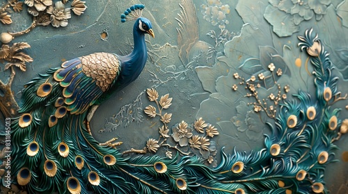 Volumetric Peacock bird with golden elements against the background of a plaster wall. photo