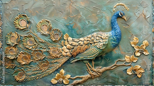 Volumetric Peacock bird with golden elements against the background of a plaster wall.