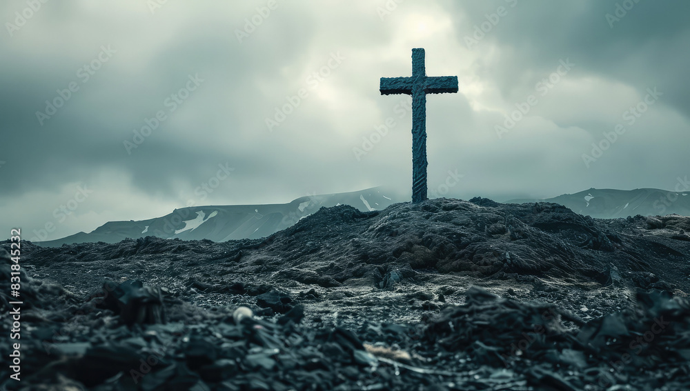 Isolated Christian Cross on a Barren Landscape Isolated Christian Cross on a Barren Landscape
