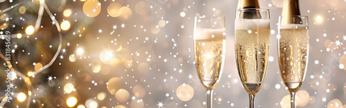Festive cheers with gold sparkling bokeh background with three glasses of champagne on the table photo