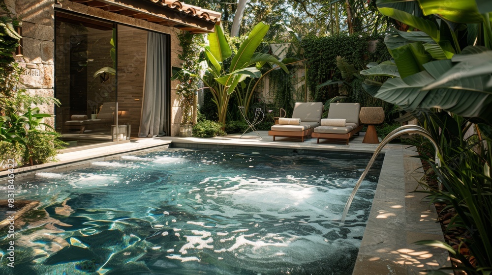 A serene spa pool with crystal clear water, surrounded by lush greenery and comfortable lounge chairs, providing a peaceful retreat for relaxation and unwinding.