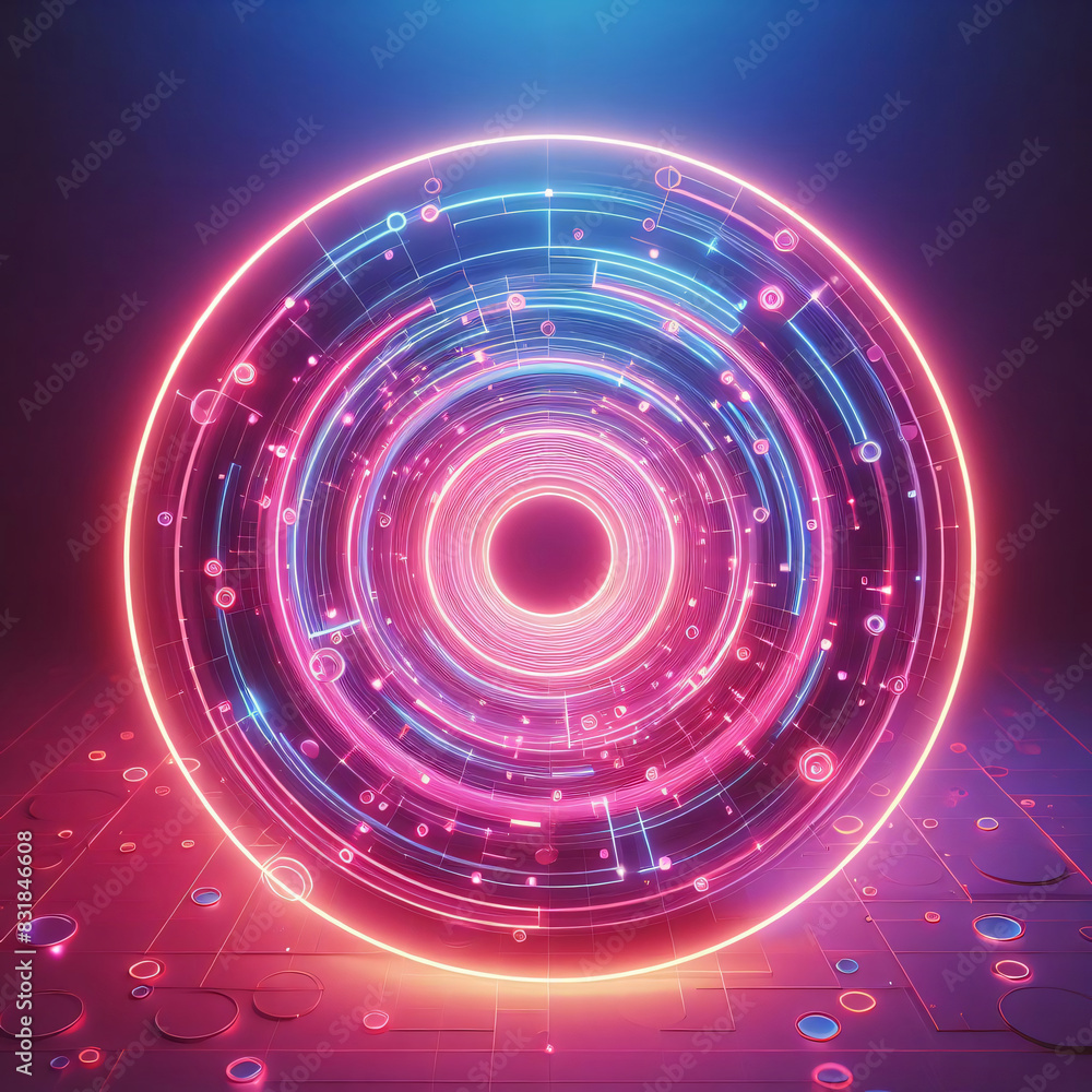 Neon Blue and Pink Circle with Geometric Pattern for Technology and Futuristic Designs with copy space text for website, social media, and marketing Neon Blue and Pink Circle with Geometric Pattern for Technology and Futuristic Designs with copy space text for website, social media, and marketing