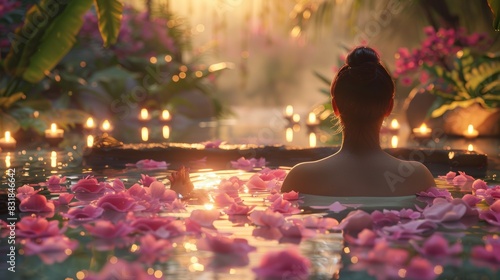 A soothing image of a person soaking in a luxurious bath filled with flower petals, surrounded by candles and soft lighting, illustrating the concept of indulgent self-care and rej photo