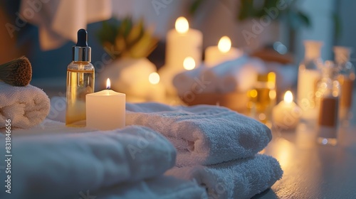A soothing spa setting with candles, aromatic oils, and fluffy towels, inviting viewers to unwind and de-stress, highlighting the role of self-care in maintaining mental and emotio photo