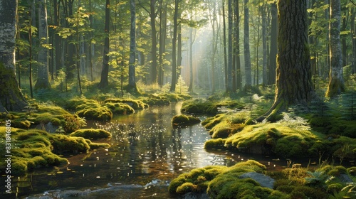 A tranquil forest clearing bathed in soft, dappled sunlight, with tall trees casting long shadows and a small stream trickling through the mossy ground, inviting viewers to unwind photo