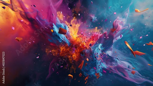 A chaotic collision of abstract shapes, as if a cosmic puzzle is coming together
