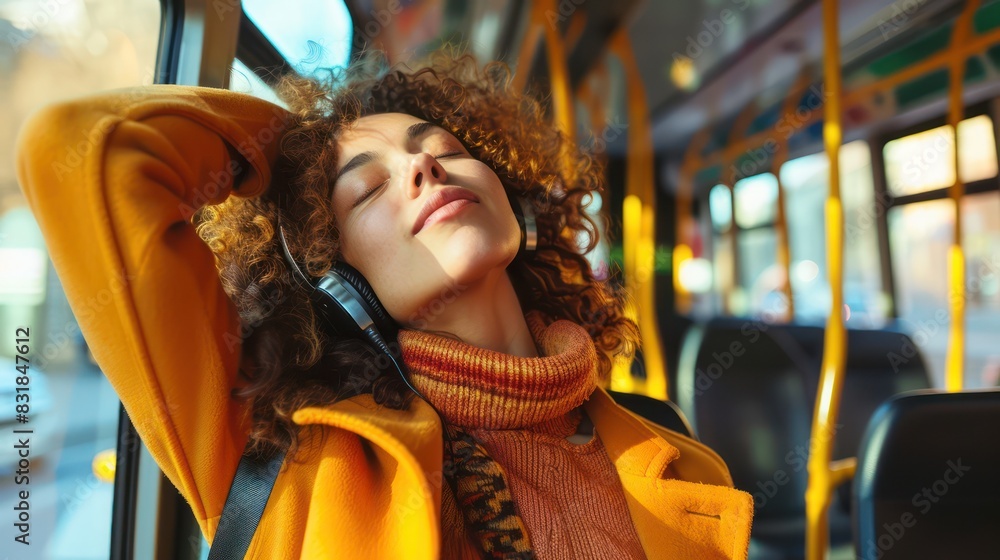 A lifestyle photo of a trendy young woman nodding her head to the rhythm of her music while standing on the bus. A lifestyle photo of a trendy young woman nodding her head to the rhythm of her music while standing on the bus.