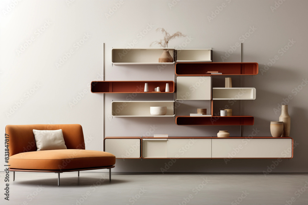 Fototapeta premium Modern living room interior with orange armchair and white shelves on the wall