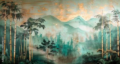 Volumetric Japanese landscape of a bamboo forest with golden elements and flowers. photo