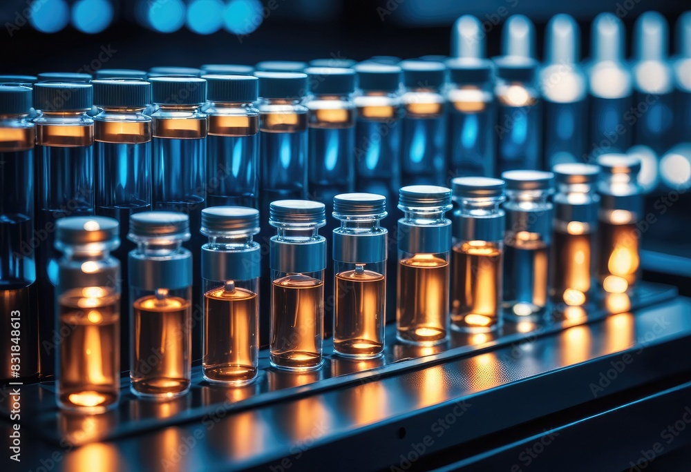 array of sealed medical vials moving through an industrial-grade inspection machine, with cool blue backlighting that emphasizes the purity and cleanliness of the containers array of sealed medical vials moving through an industrial-grade inspection machine, with cool blue backlighting that emphasizes the purity and cleanliness of the containers