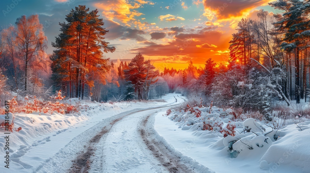 A winter road winds through a snowy forest under a vibrant sunset, with colorful clouds filling the sky, creating a picturesque scene. A winter road winds through a snowy forest under a vibrant sunset, with colorful clouds filling the sky, creating a picturesque scene.