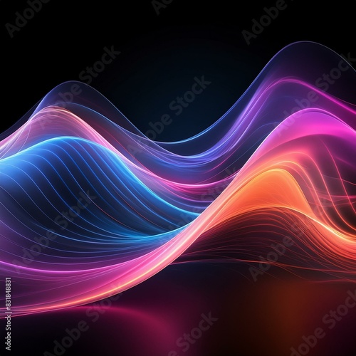 abstract colorful wave, translucent wave in colors, shades of pink, purple, orange, and blue, a black background, Music sound wave,Speaking sound wave, Dynamic light flow, with blurred neon light effe