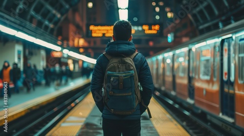 A rear view shot of a trendy young man standing on the subway platform, hands in pockets, as he waits for his train to arrive, with the bustling cityscape in the background.  © Wattana