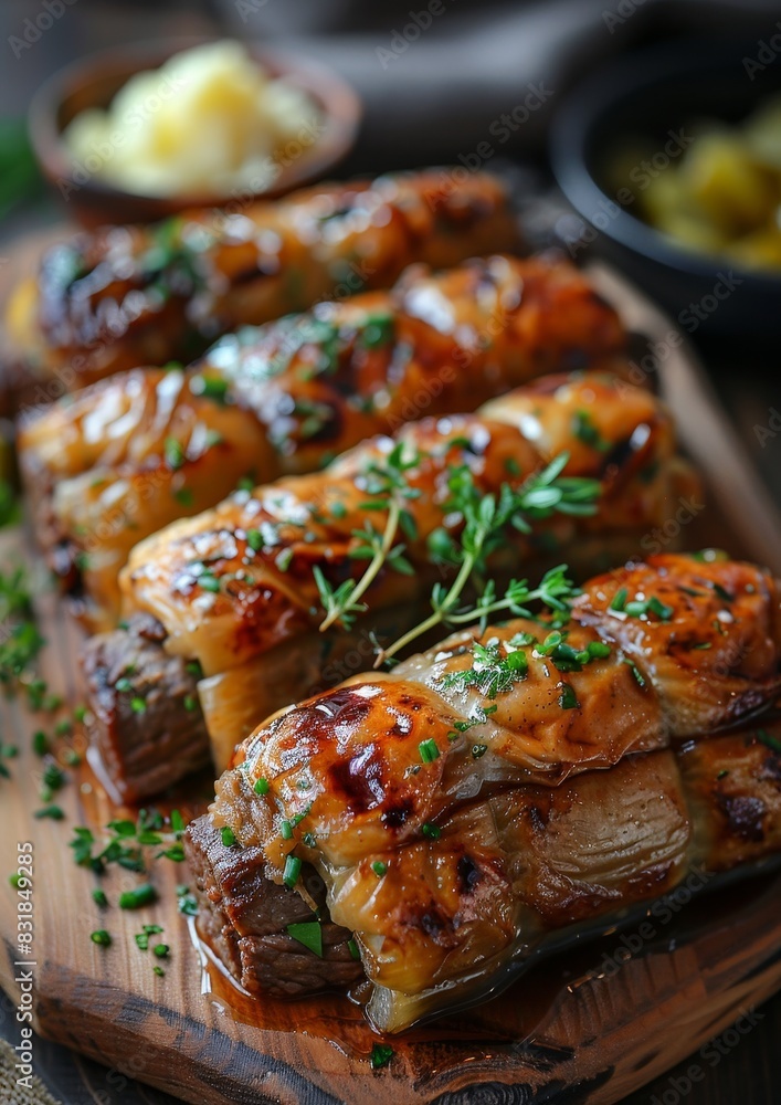 Rinderrouladen - Beef rolls filled with mustard, pickles, and onions, served with mashed potatoes. Rinderrouladen - Beef rolls filled with mustard, pickles, and onions, served with mashed potatoes.