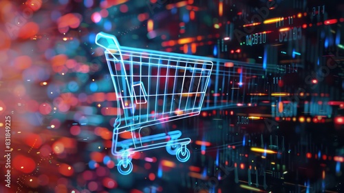 A sleek and modern 3D render of a holographic shopping cart icon against a futuristic background, symbolizing the convergence of digital technology and retail in online shopping.