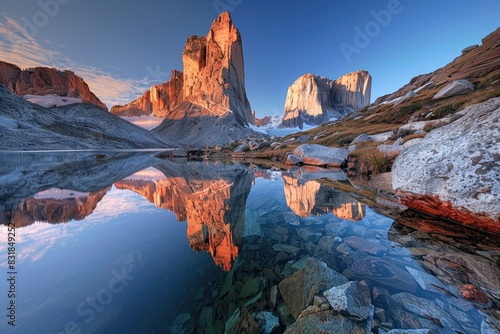 The breathtaking natural beauty of the soaring mountains and glacial lakes in the Torres del Paine National Park  Chile  reflecting on their surface  creating an enchanting scene