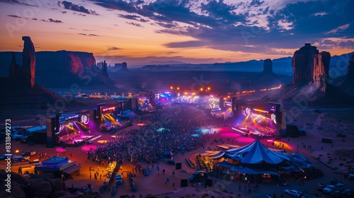 Desert music fest with stages amid towering rocks, vibrant lights, and captivating performances. Unforgettable! photo