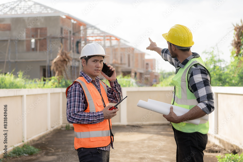 Foreman, engineer or architect wearing hard hat holds laptop and blueprints to check details about real estate construction in Construction area of an unfinished building Foreman, engineer or architect wearing hard hat holds laptop and blueprints to check details about real estate construction in Construction area of an unfinished building