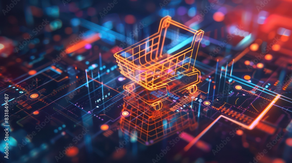 A vibrant 3D render of a glowing shopping cart icon, surrounded by digital elements and abstract shapes, creating a futuristic background for online shopping concepts. A vibrant 3D render of a glowing shopping cart icon, surrounded by digital elements and abstract shapes, creating a futuristic background for online shopping concepts.