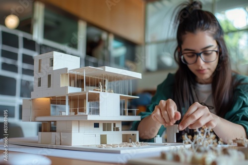 Undergraduate architecture students work on models of the modern box house. Holding the part of the model while thinking about concepts of building and construction. Focusing on her hand