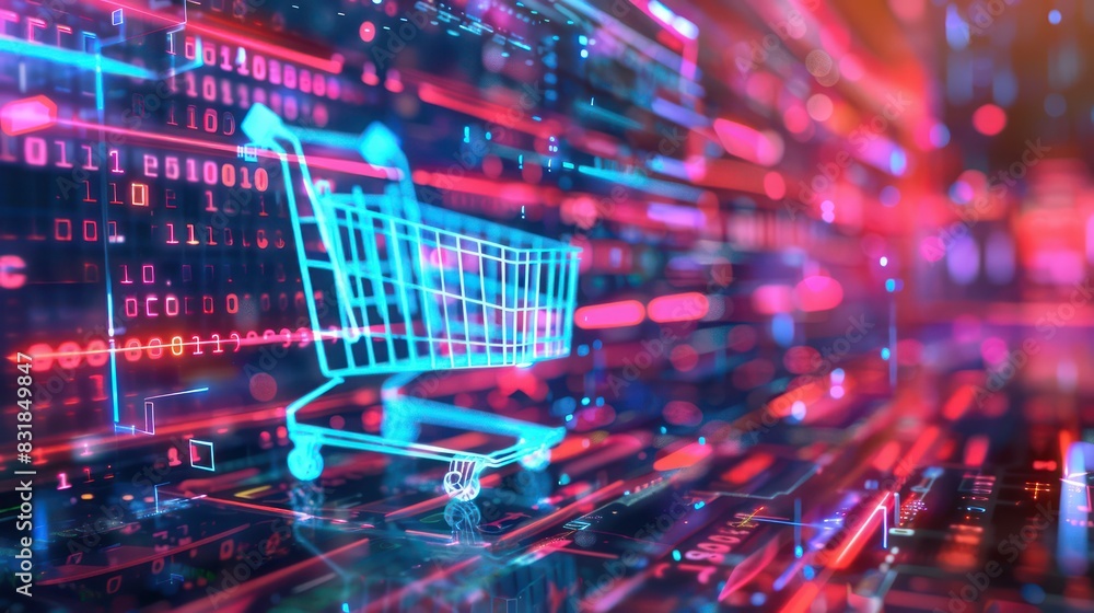 A vibrant 3D render of a holographic shopping cart icon surrounded by digital code streams and futuristic graphics, creating an eye-catching backdrop for e-commerce concepts. A vibrant 3D render of a holographic shopping cart icon surrounded by digital code streams and futuristic graphics, creating an eye-catching backdrop for e-commerce concepts.