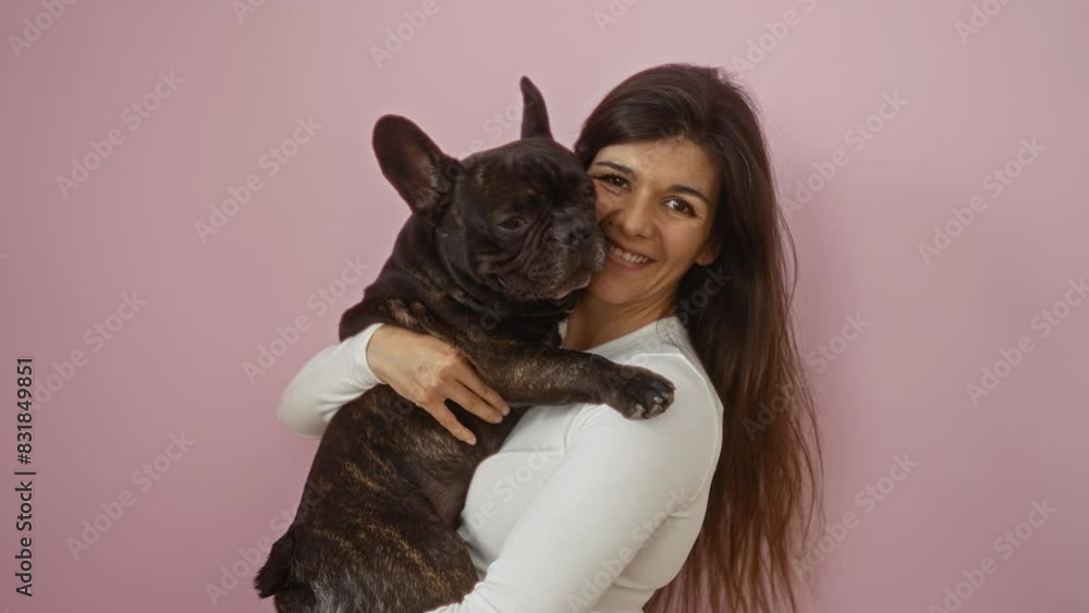 A young hispanic woman holds a french bulldog against an isolated pink background, exuding joy and warmth. A young hispanic woman holds a french bulldog against an isolated pink background, exuding joy and warmth.