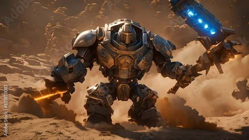 A huge armored robot walks across rocky ground, its blue lights glowing eerily. Dust and debris whirl around it, making the scene intense and dramatic. photo