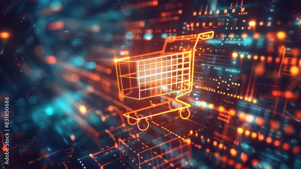 An abstract CGI image of a glowing shopping cart icon against a digital backdrop, with geometric shapes and patterns adding visual interest to the image. An abstract CGI image of a glowing shopping cart icon against a digital backdrop, with geometric shapes and patterns adding visual interest to the image.