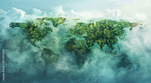 World map made of a lush green forest  in an aerial view. A concept for global environmental protection and sustainability.