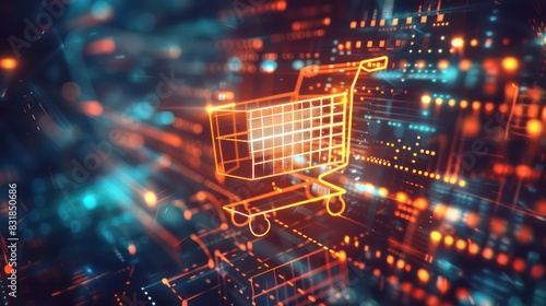 An abstract CGI image of a glowing shopping cart icon against a digital backdrop, with geometric shapes and patterns adding visual interest to the image. 