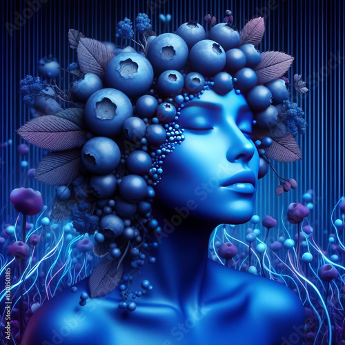 A woman who morphs into a vibrant blueberry, representing sweetn photo