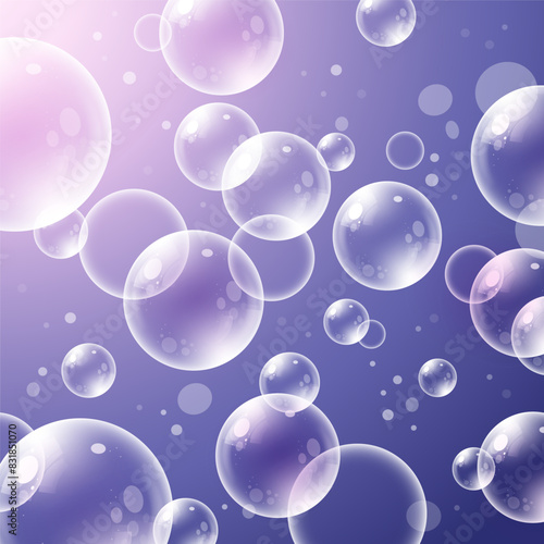 Abstract purple bubbles background. Transparent realistic soap bubble backdrop