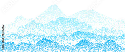 Blue grain stippled mountains. Dotted landscape and terrain. Grainy hills in dotwork style background