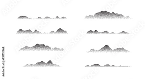 Dotted mountains silhouette set. Hill and rock nature landscape dotwork