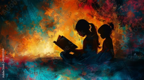 Engaging digital art of a woman and girl reading, sparking curiosity and fostering literary companionship. photo