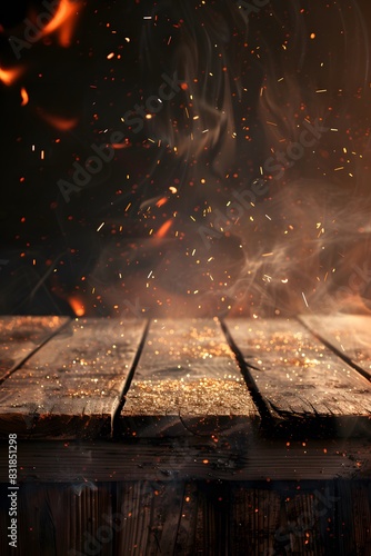 wooden table with fire burning, light smoke and golden sparks floating in the air
