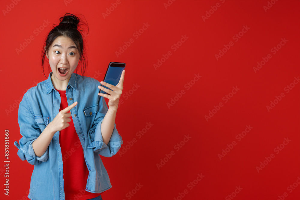 Naklejka premium Excited Young Woman in Red and Blue Outfit Holding Smartphone and Pointing Upwards - Generative AI