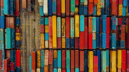 An aerial view of a vibrant industrial port with rows of colorful containers stacked neatly, ready for transport. 