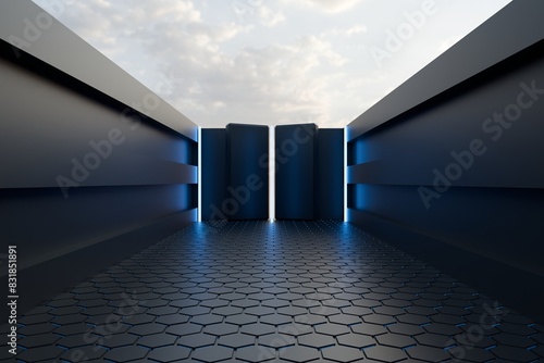 Fototapeta Naklejka Na Ścianę i Meble -  Futuristic Interior decorate hexagon wall empty room with reflective materials