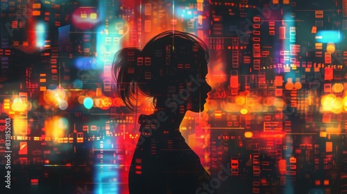 Vibrant digital illustration of a female silhouette in a futuristic cityscape with neon lights.