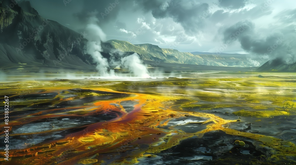 A surreal geothermal landscape with hot springs, mineral deposits, and erupting geysers.