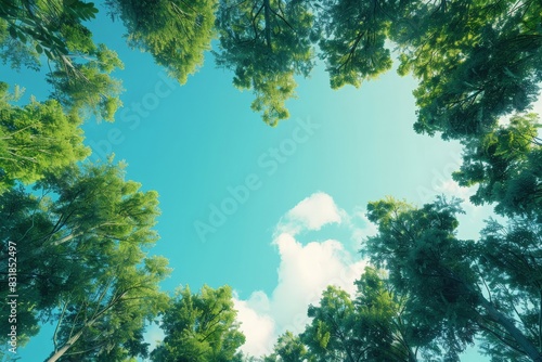 Digital generated image of tall trees forming heart shape against blue sky. Sustainability concept 