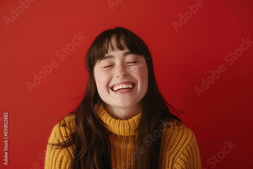 Happy young woman with with down syndrome laughing against red background